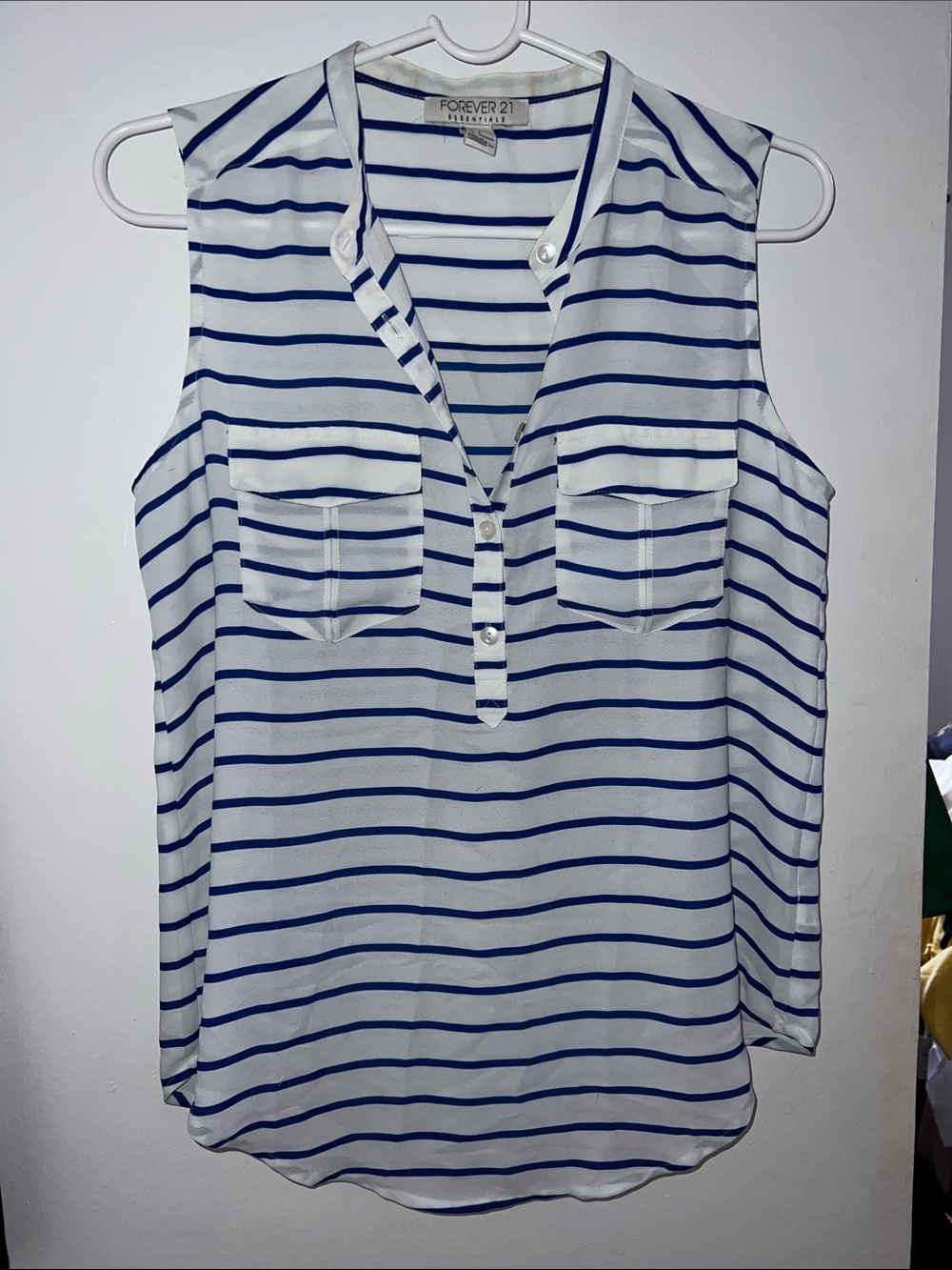 Forever 21 White and Blue Striped Sleeveless Henley Blouse